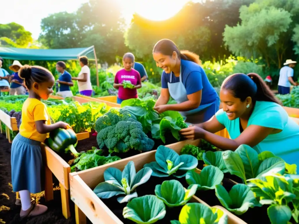 Un vibrante jardín comunitario donde se reparte comida, con miembros diversos trabajando juntos bajo el cálido sol