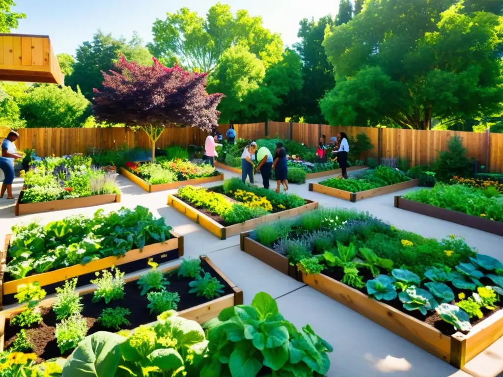 Un vibrante jardín comunitario cuidado plantas interior con vegetales, flores y miembros de la comunidad trabajando en armonía