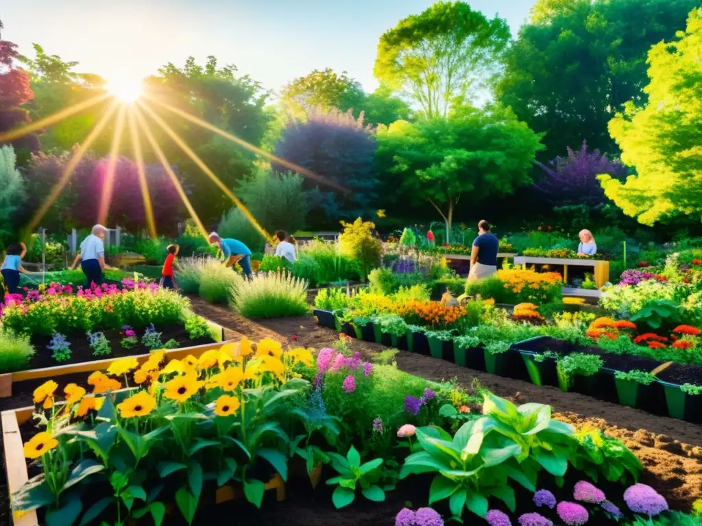 Un vibrante jardín comunitario con flores coloridas y plantas verdes