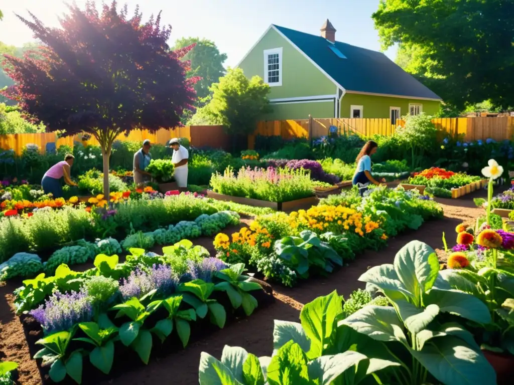 Un vibrante jardín comunitario con flores coloridas, vegetales ordenados y personas comprometidas en prácticas sostenibles