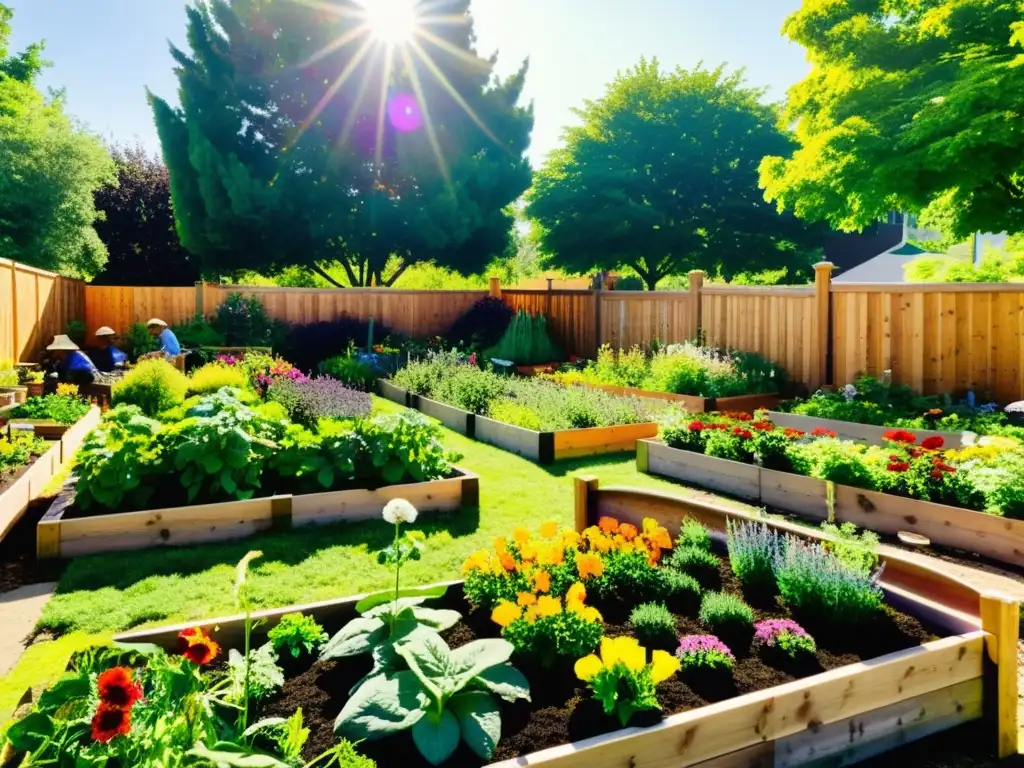 Un vibrante jardín comunitario donde las plantas florecen en armonía, compartiendo beneficios de la jardinería comunitaria