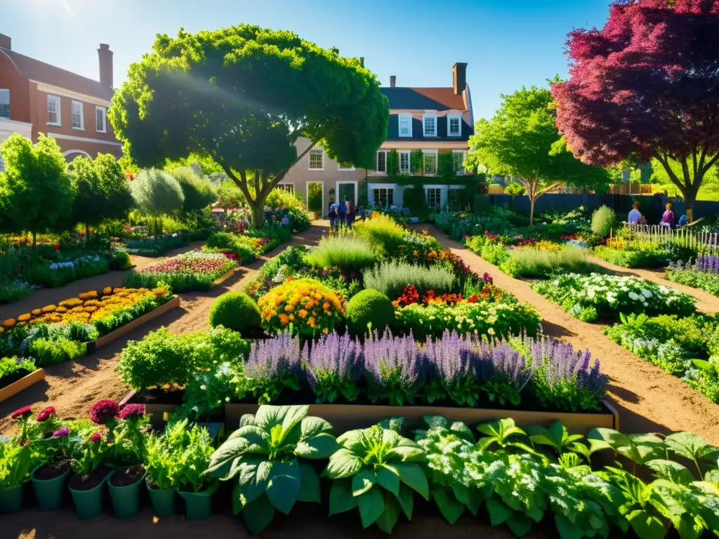 Vibrante jardín comunitario urbano cuidado plantas, diversidad, armonía entre naturaleza y ciudad