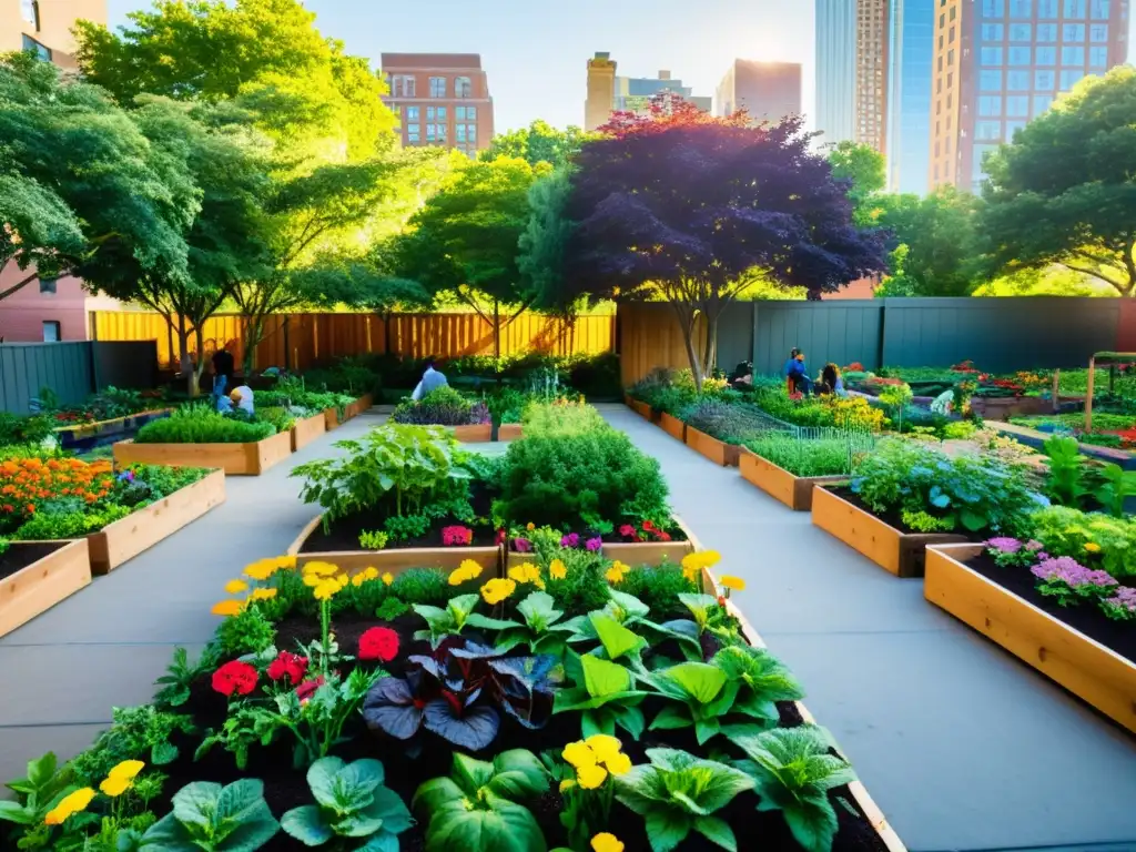 Un vibrante jardín comunitario urbano cuidado de plantas, con diversidad de flores, hortalizas y jardineros trabajando en armonía