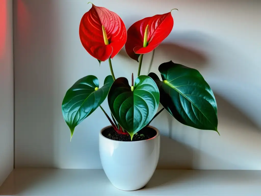 Una anthurium roja vibrante en una elegante maceta blanca, resalta en un espacio minimalista