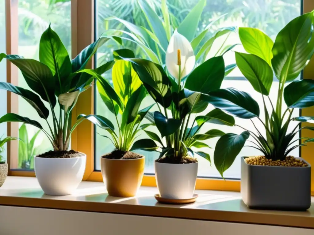 Un jardín interior vibrante y exuberante con plantas de interior para mejorar el estado de ánimo, bañado por la cálida luz del sol