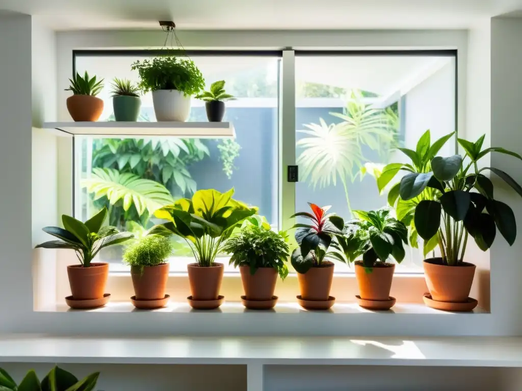 Jardín interior exuberante: armonía natural y tranquilidad en casa Un jardín interior vibrante y exuberante con plantas en macetas en estantes modernos contra una pared blanca