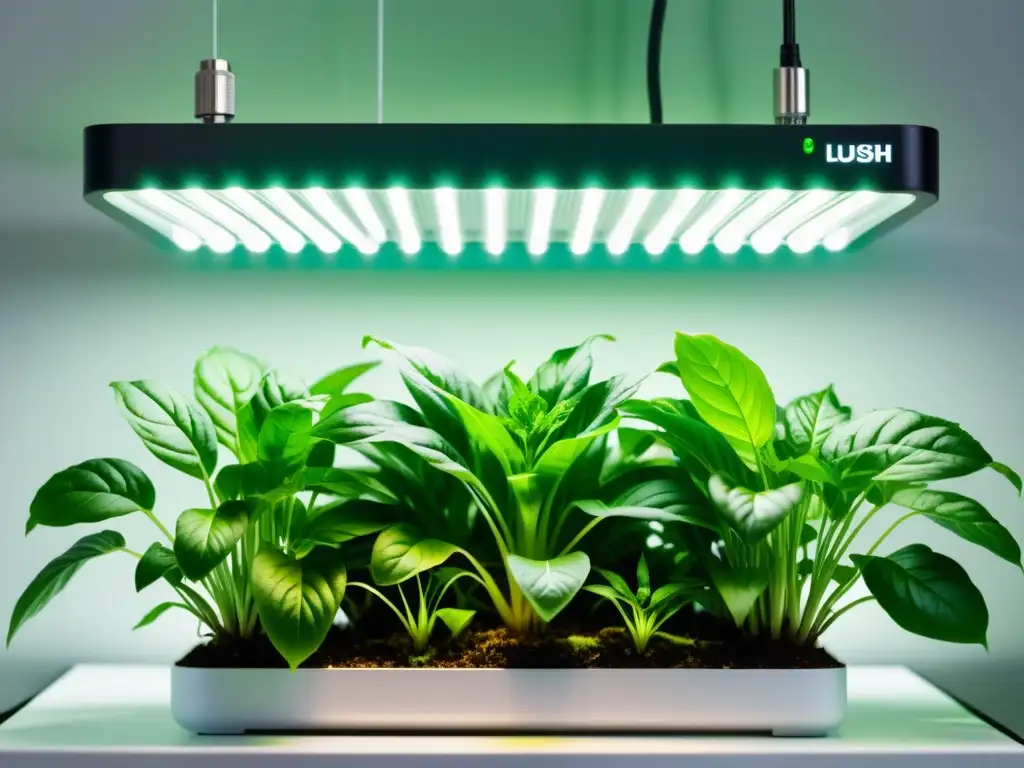 Vibrante jardín hidropónico iluminado por moderna luz LED, creando ambiente calmado