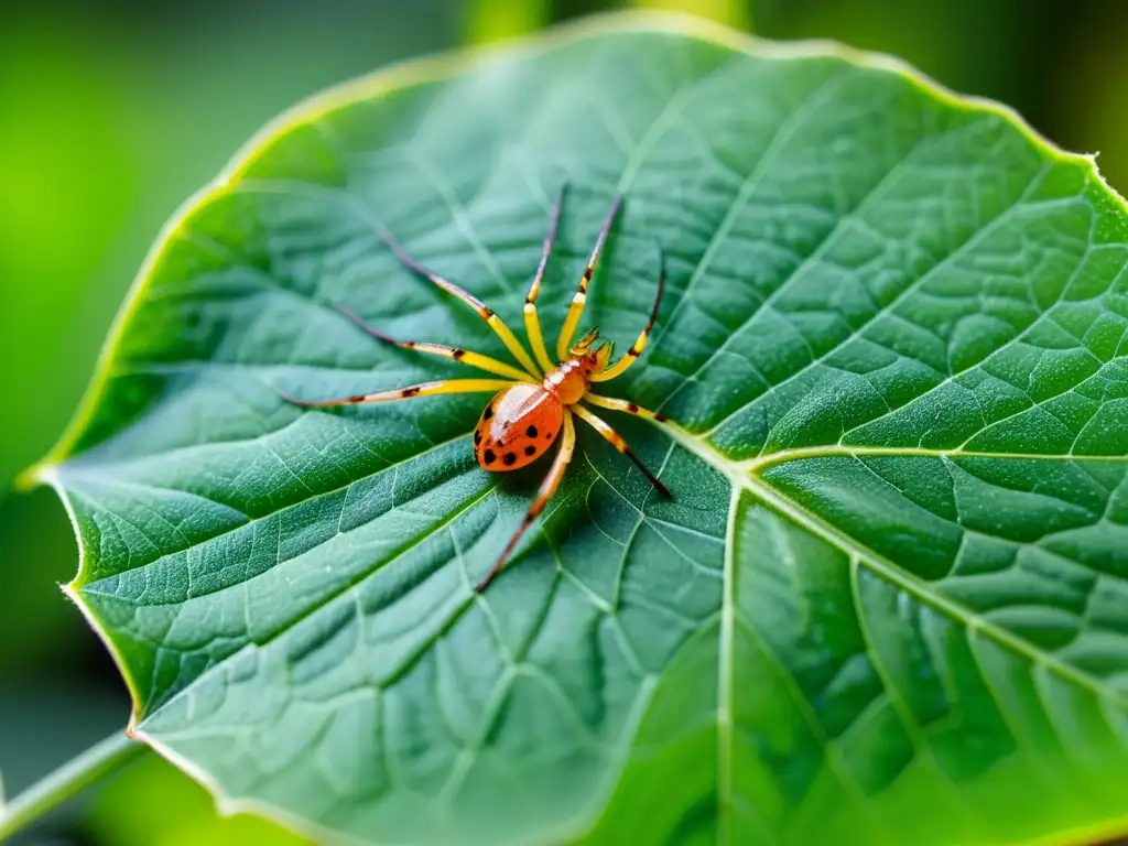 Vibrante hoja de planta de interior con intrincada tela de araña y ácaros rojos