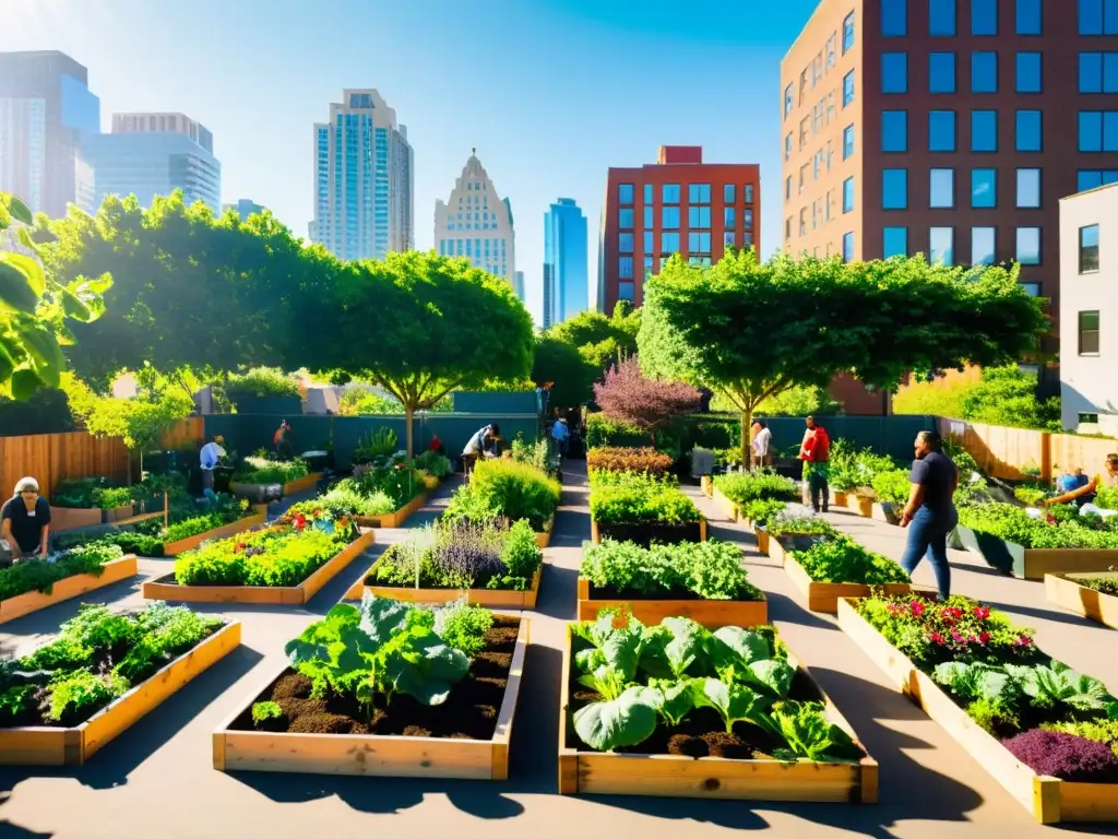 Un vibrante huerto urbano comunitario cuidado plantas en una bulliciosa ciudad