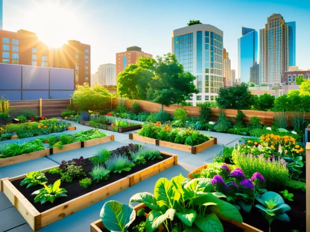 Un vibrante huerto urbano comunitario cuidado plantas, con vegetación exuberante y flores coloridas, integrado armoniosamente en la ciudad