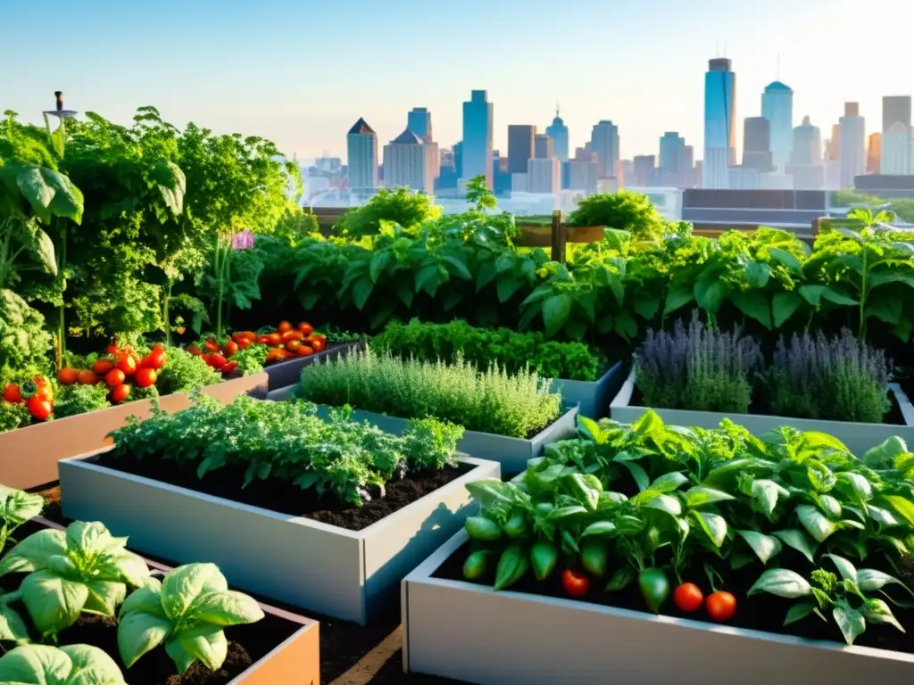 Vibrante huerto urbano con tomates, pimientos, hierbas y verduras en macetas