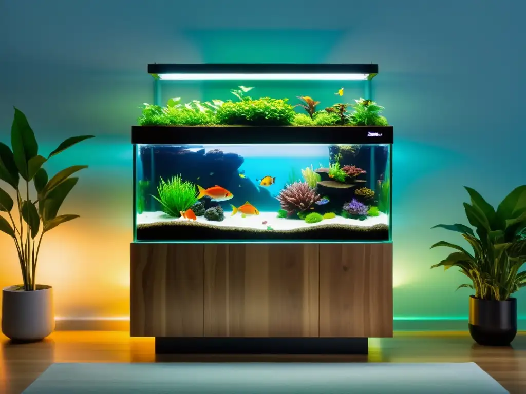 Vibrante acuaponía en el living con peces y plantas en un elegante acuario de vidrio