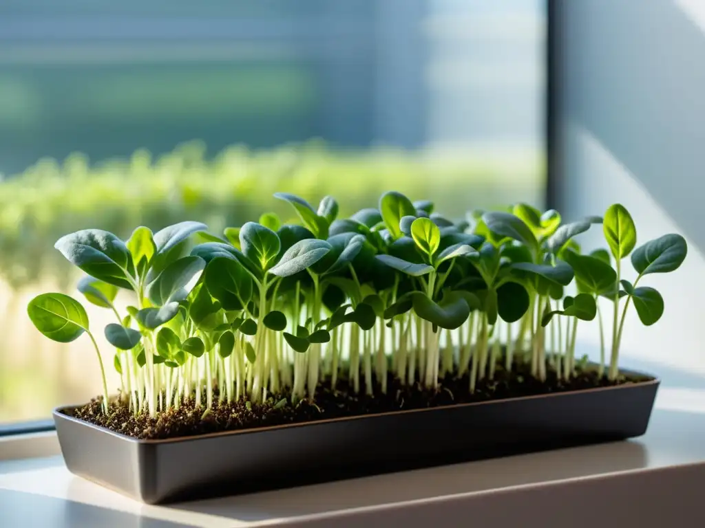 Vibrante jardín de microvegetales superalimentos en ventana soleada