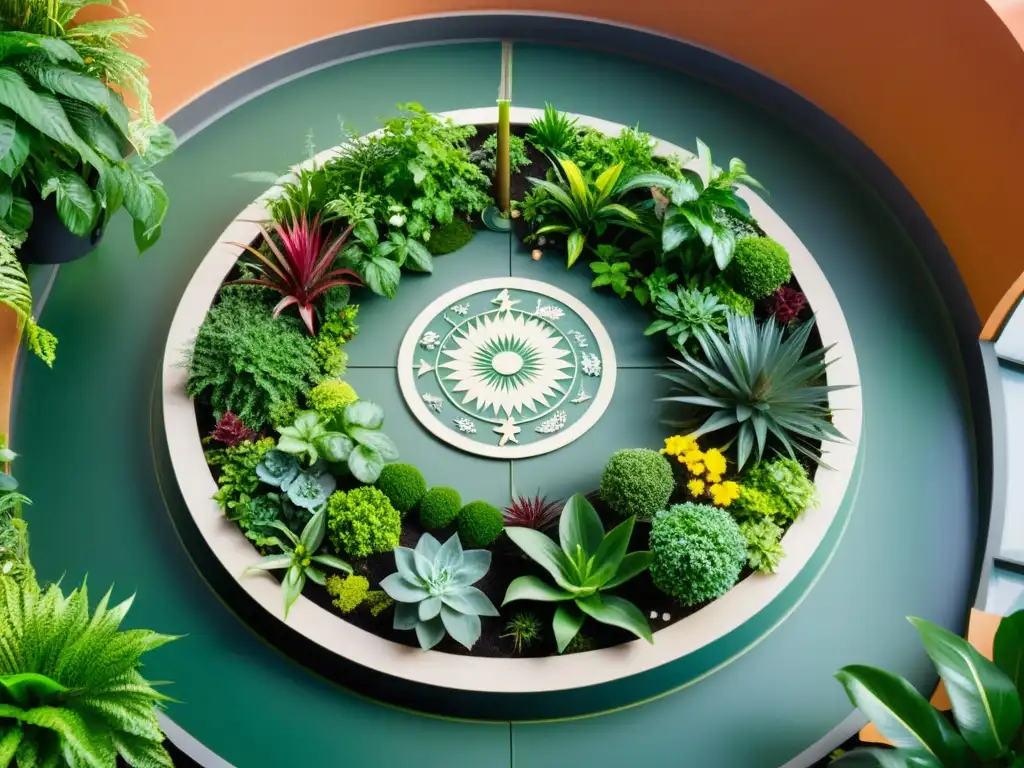 Un jardín interior vibrante y místico con plantas que representan los signos del zodíaco