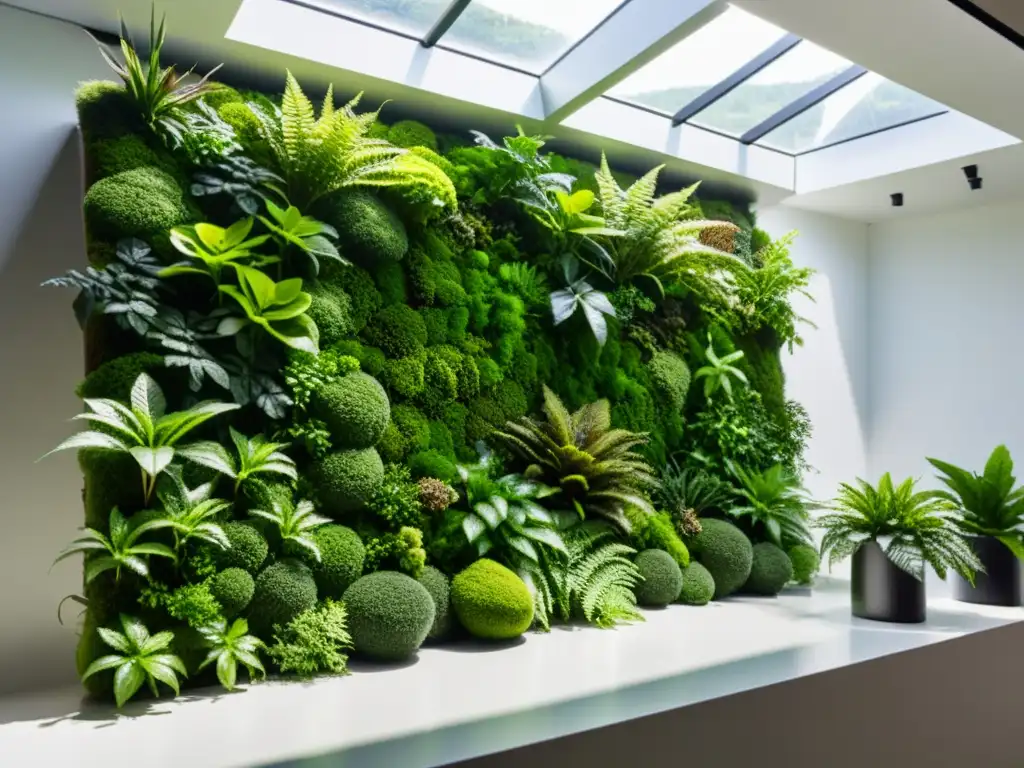 Vibrante pared de musgo con helechos y plantas, creando un exuberante techo verde de interior bajo la luz natural