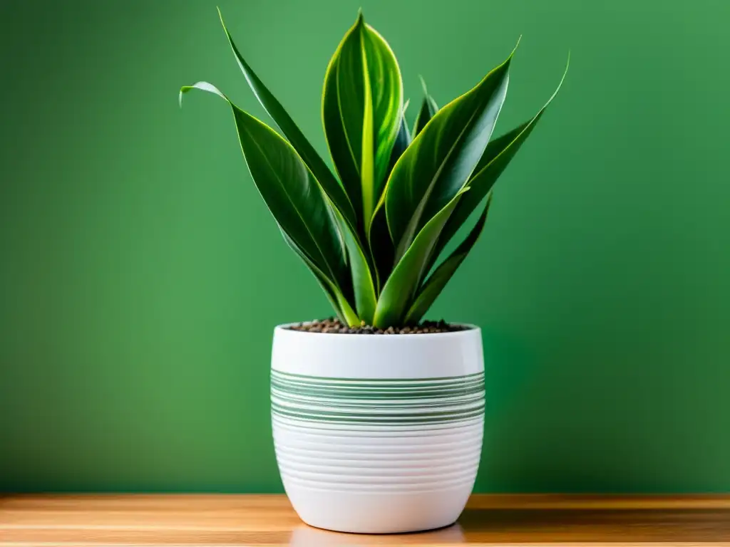 Vibrante planta de interior Sansevieria trifasciata en elegante maceta blanca, resistente al aire acondicionado