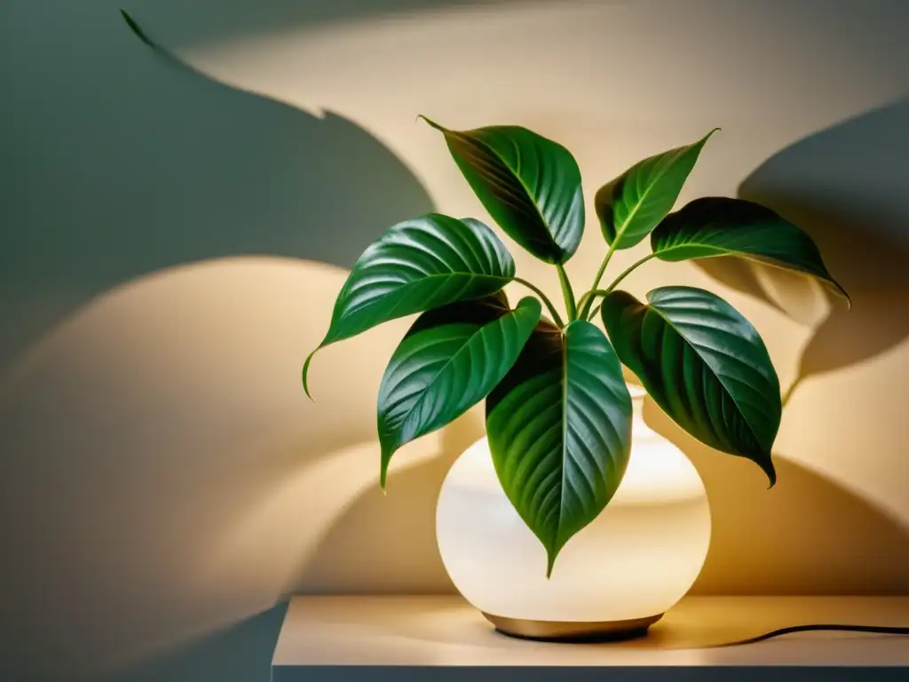 Vibrante planta de interior fotografiada de noche bajo suave luz, creando atmósfera serena