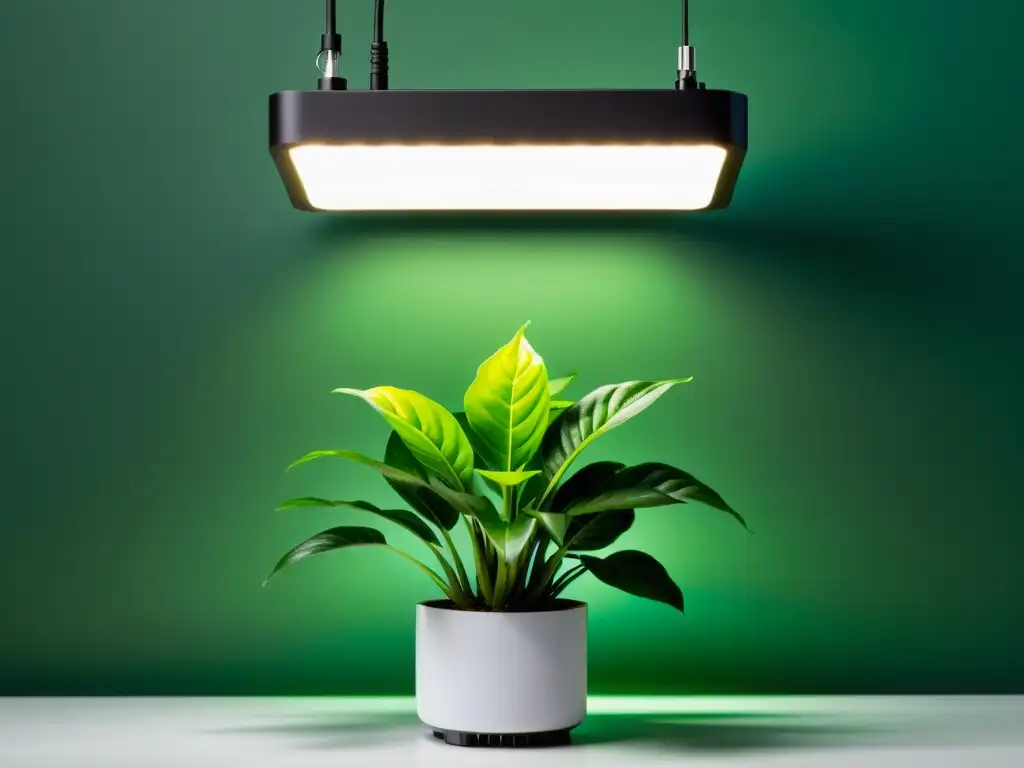 Vibrante planta de interior iluminada por moderna lámpara LED, creando un ambiente acogedor
