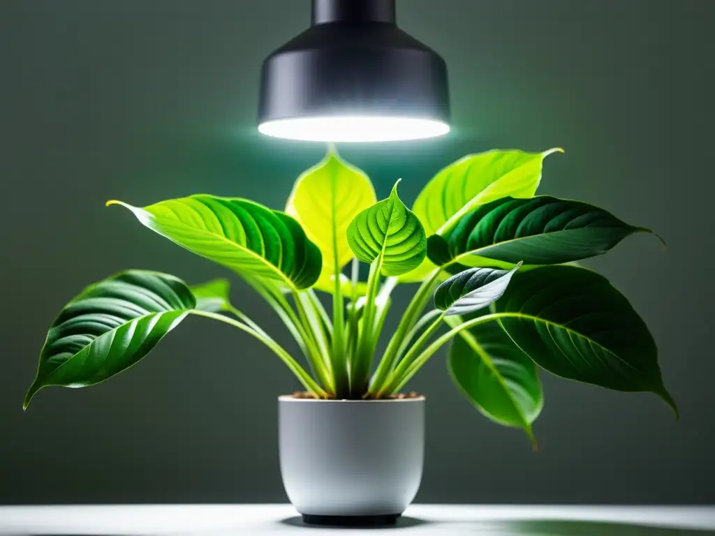 Vibrante planta de interior iluminada por la mejor lámpara crecimiento plantas interior, resaltando su exuberante follaje y estética profesional