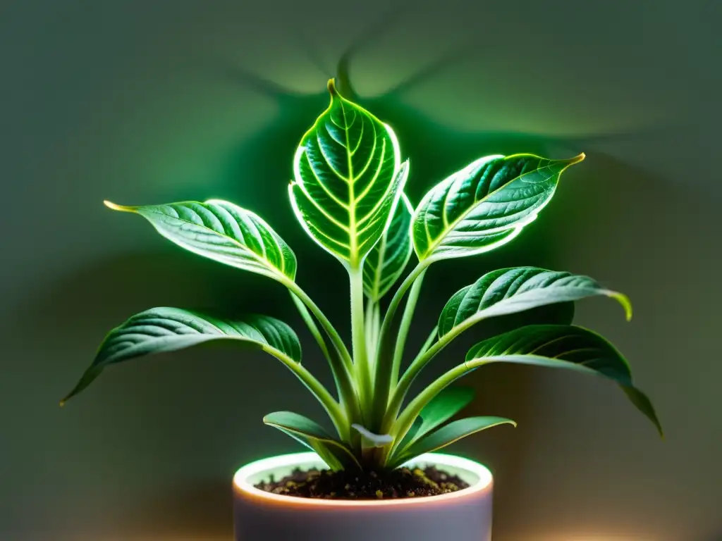 Vibrante planta de interior bajo luz LED, resaltando su salud y belleza natural