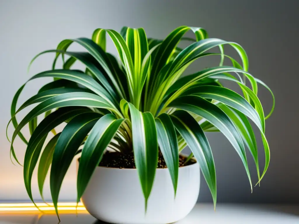 Vibrante planta de interior luz fluorescente en elegante maceta blanca, destacando en ambiente minimalista