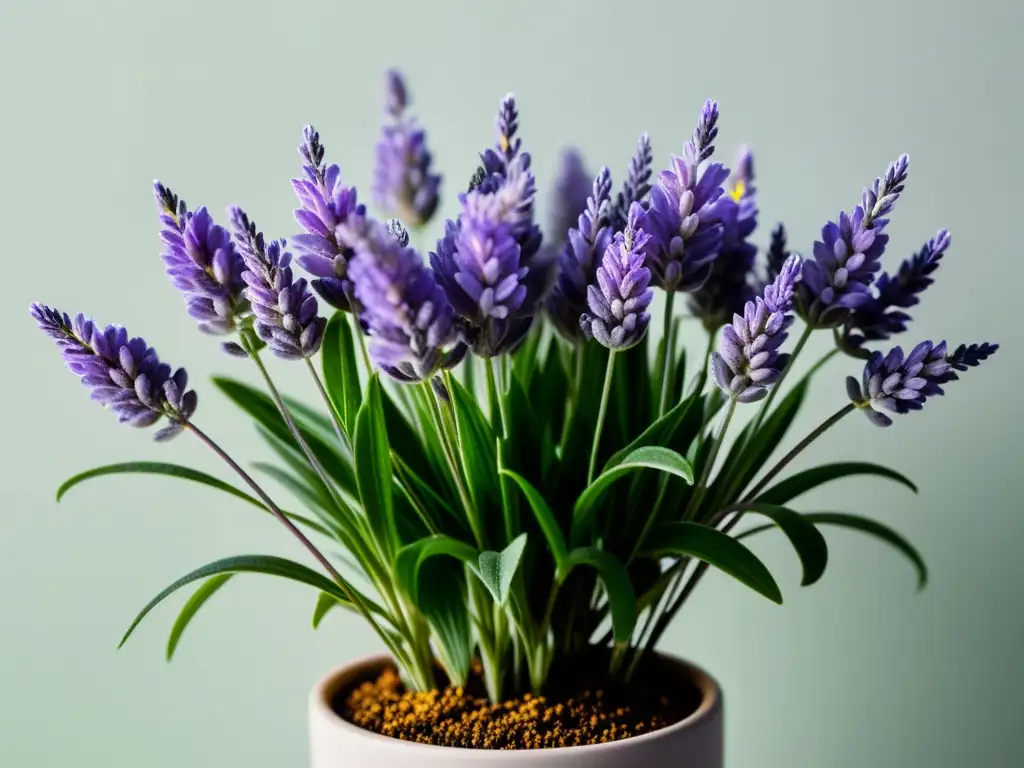 Vibrante planta de lavanda en maceta moderna, sobre fondo blanco