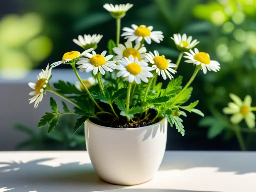 Vibrante planta de manzanilla en maceta blanca, resaltando su belleza y vitalidad con luz natural suave