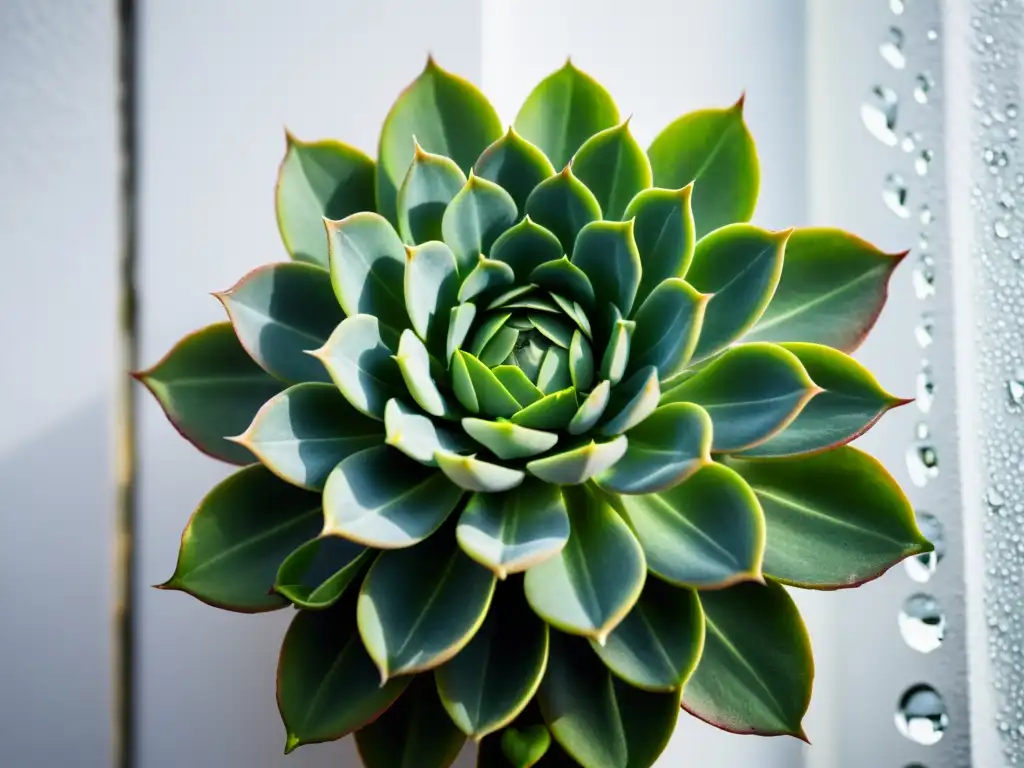 Vibrante planta suculenta verde en jardín vertical, hojas brillantes con gotas de agua