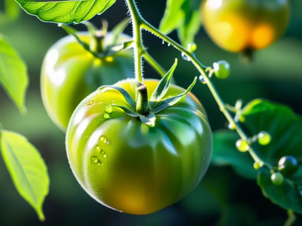 Vibrante planta de tomate con gotas de rocío, brotes verdes y luz solar filtrándose