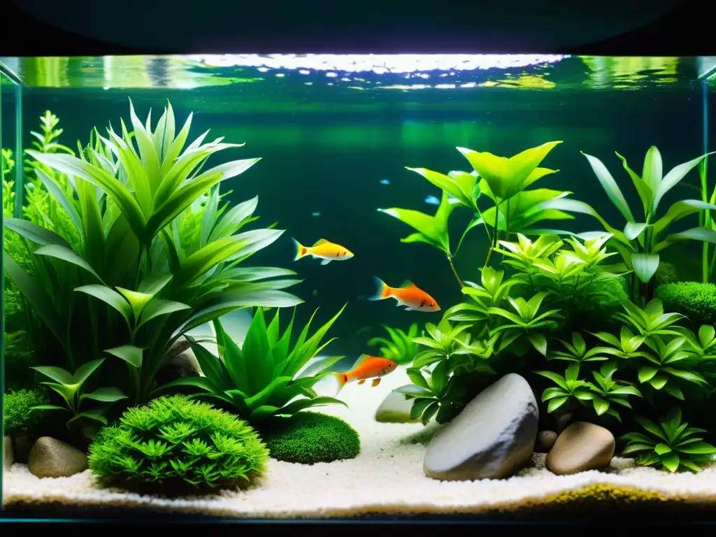 Vibrante acuariojardín con plantas acuáticas, peces y rocas en agua cristalina, evocando armonía natural