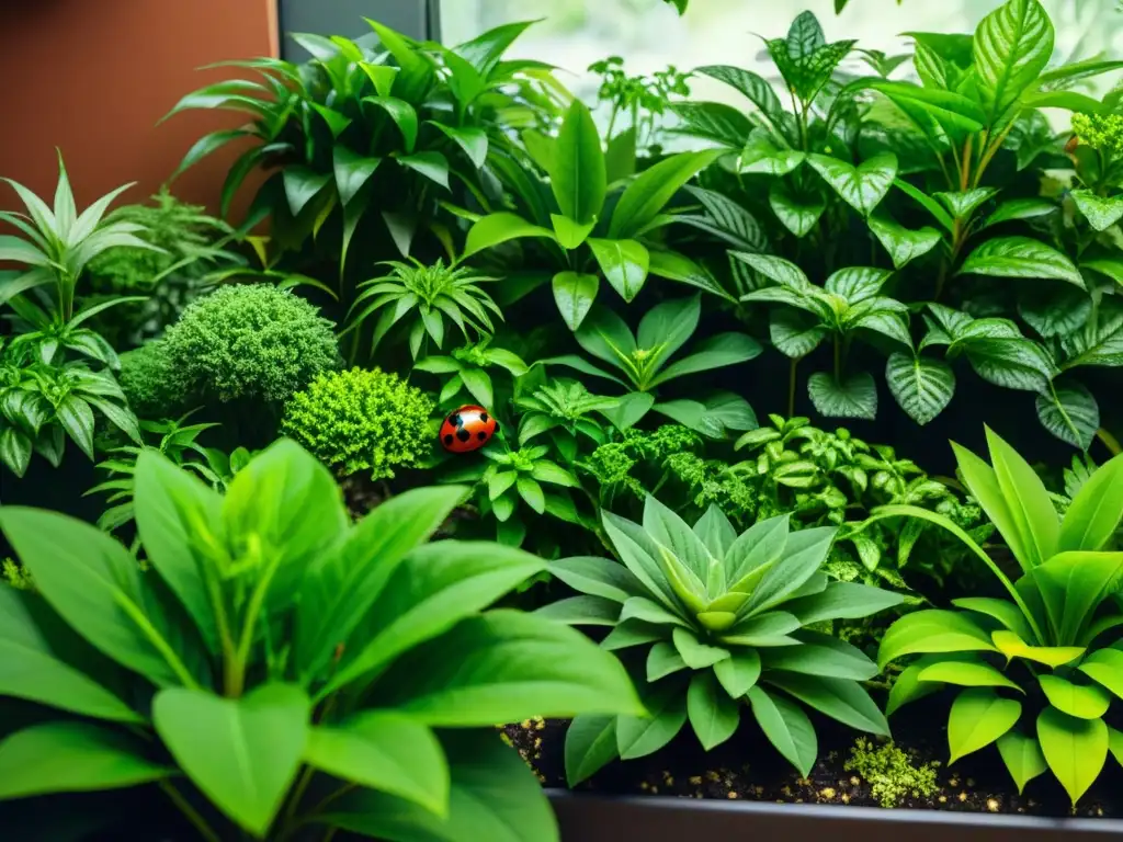 Vibrante jardín de plantas de interior con control biológico de plagas en acción, repleto de insectos beneficiosos como mariquitas y crisopas