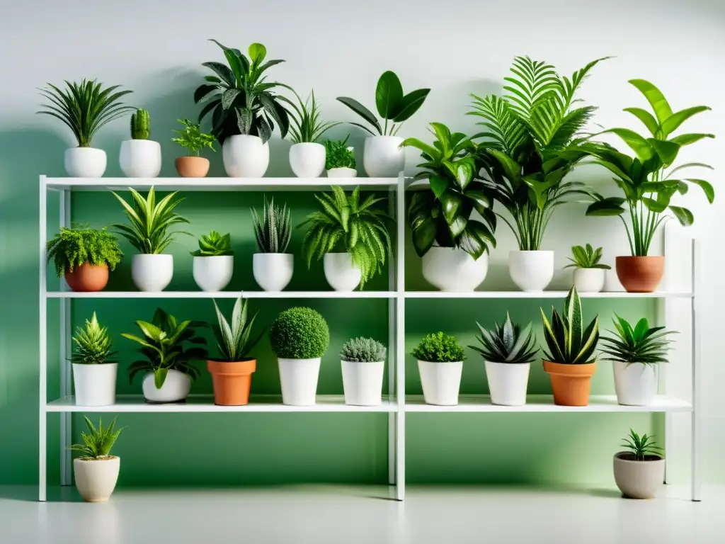 Vibrante colección de plantas de interior en estantes blancos, ideal para la Guía cuidado plantas de interior