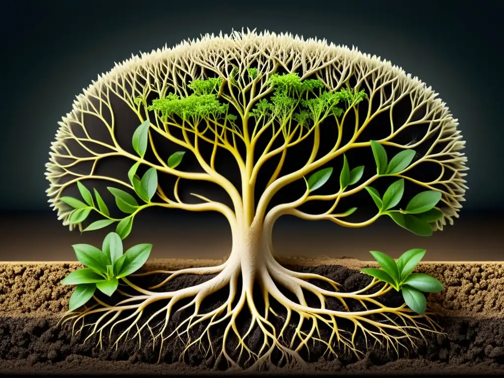 Vibrante red de raíces de planta interior fortaleciéndose en tierra oscura