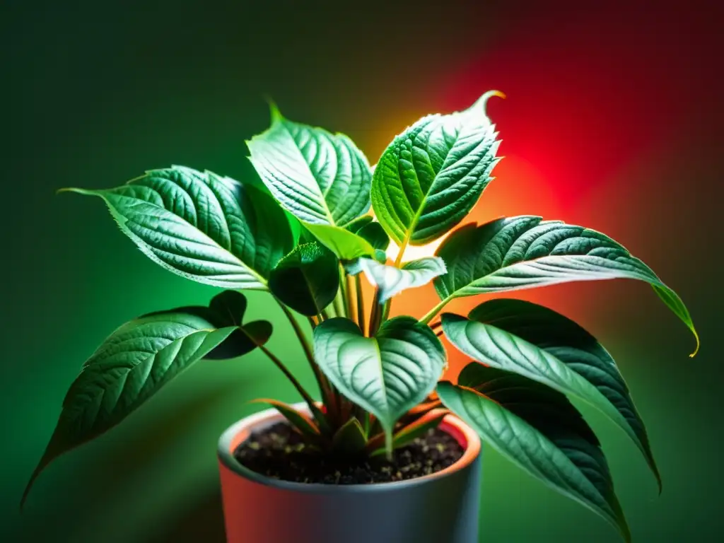 Vibrante terapia de colores LED para plantas resalta detalles de la exuberante vegetación en luz roja intensa, creando impactante composición