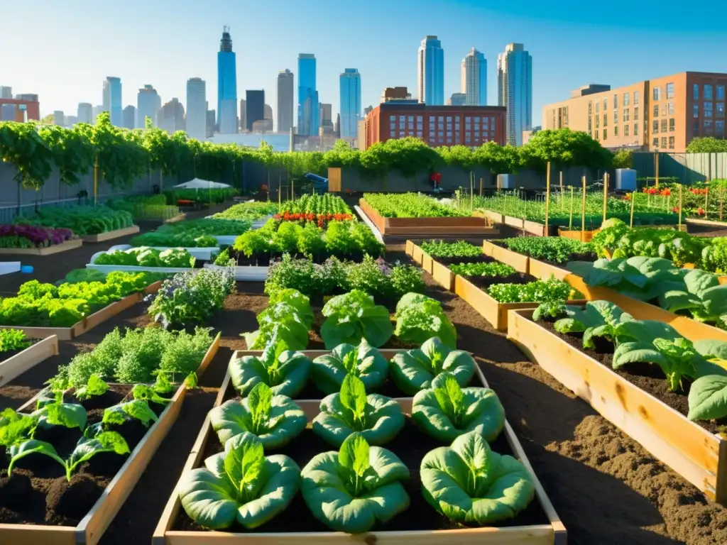 Un vibrante jardín urbano con los mejores cultivos para jardines urbanos, resplandeciendo bajo el cálido sol entre edificios de la ciudad