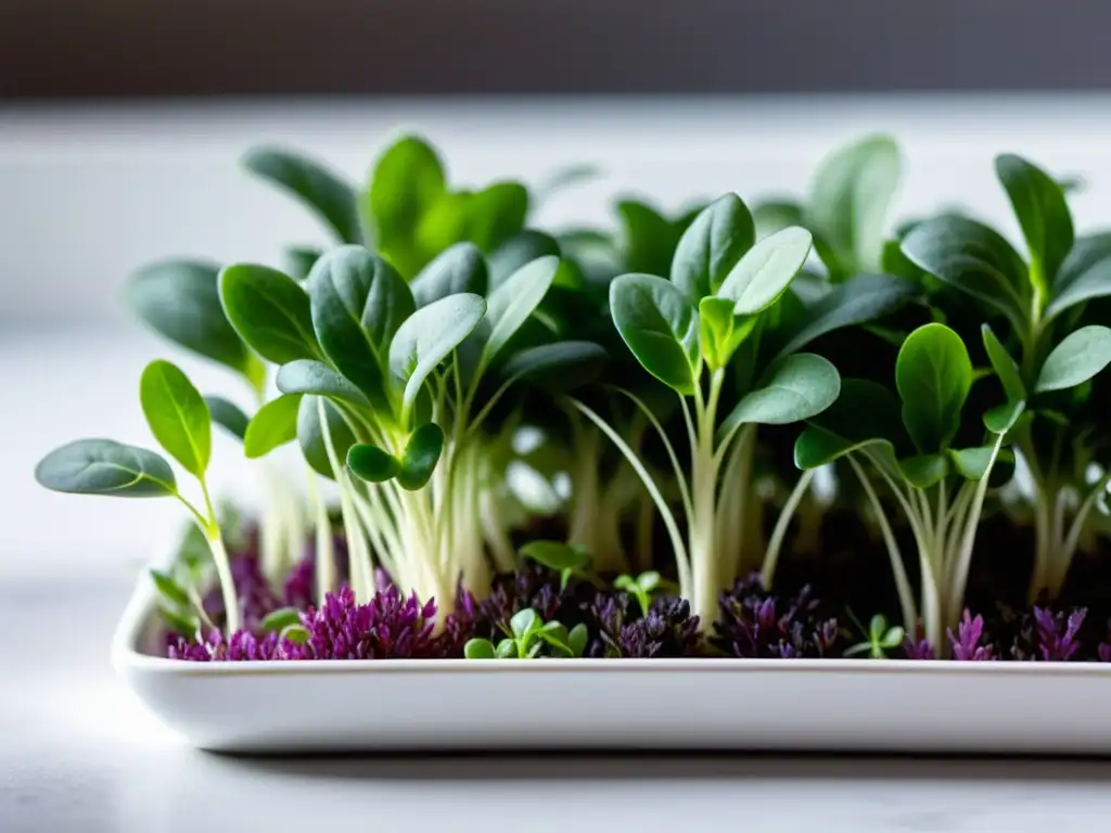 Microgreens vibrantes en bandeja blanca: belleza en miniatura Vibrante variedad de microgreens cultivados en interiores en una elegante bandeja blanca