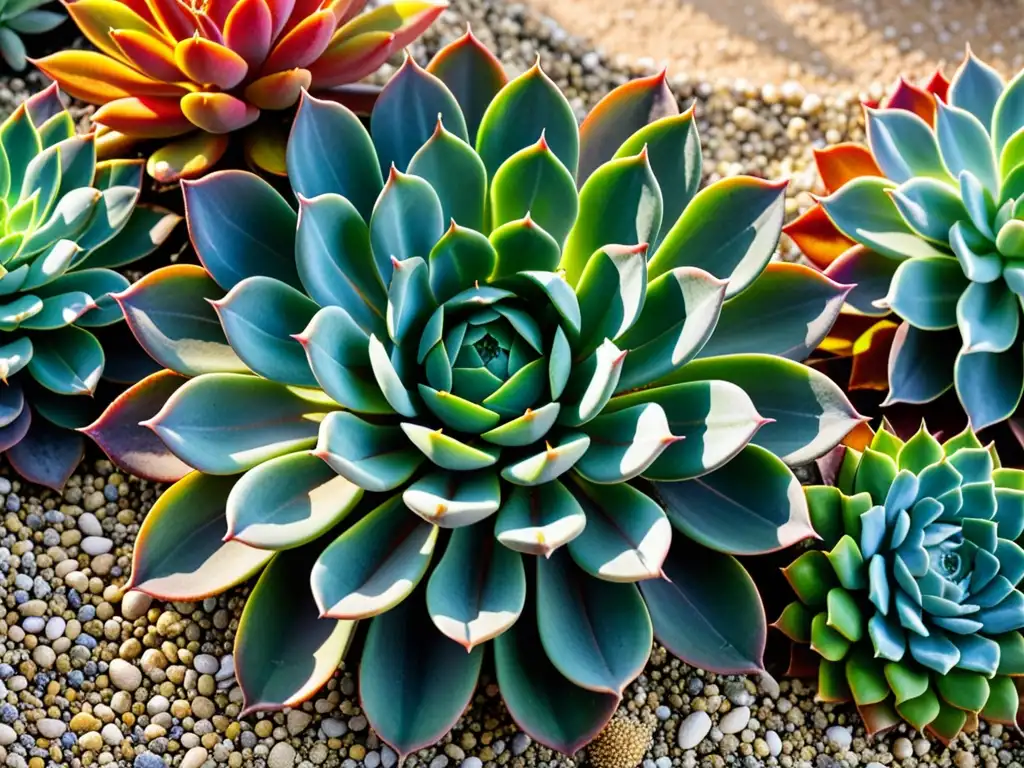 Jardín vibrante de suculentas con variedad de especies y colores, patrón geométrico calmante de piedras y arena