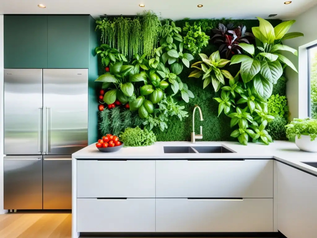 Vibrante jardín vertical comestible en una moderna cocina, con hierbas y vegetales en tonos intensos