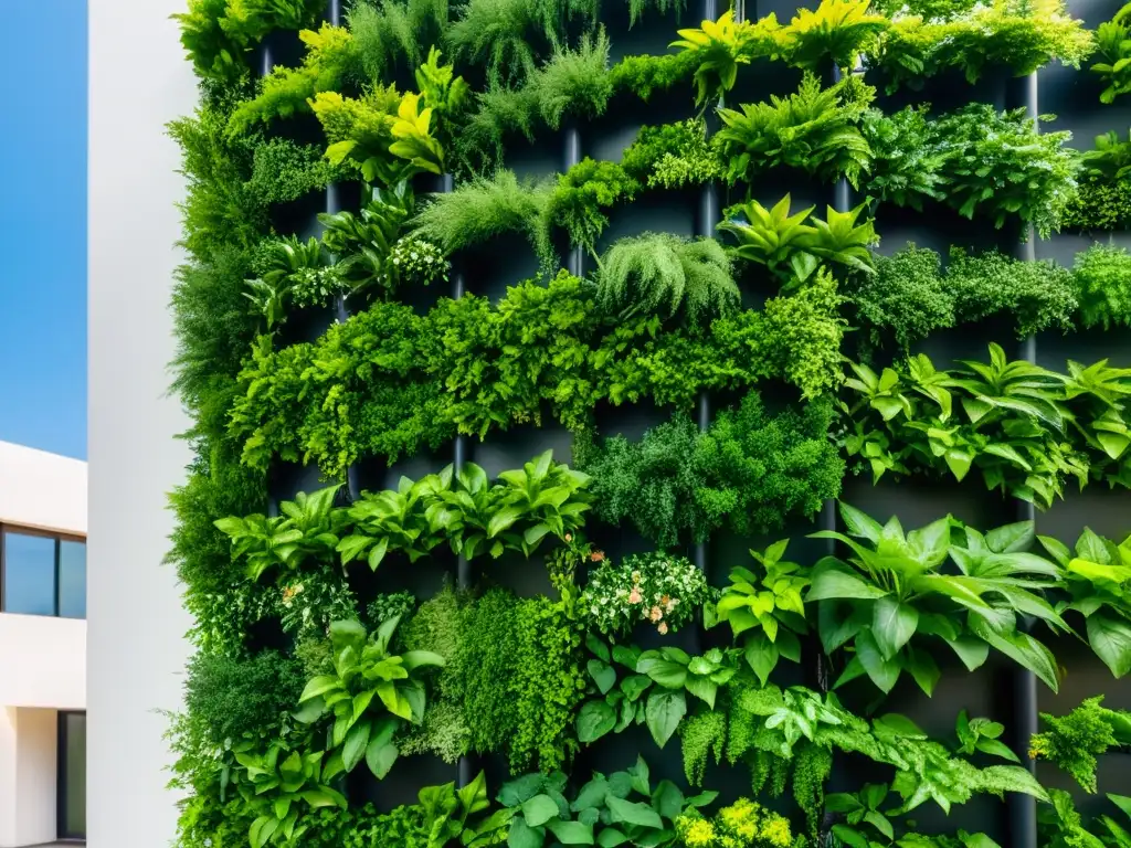 Vibrante jardín vertical con control de plagas en plantas saludables y moderno diseño urbano