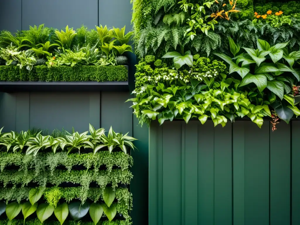 Vibrante jardín vertical con los mejores sustratos para jardines verticales, destacando la belleza natural y el diseño moderno