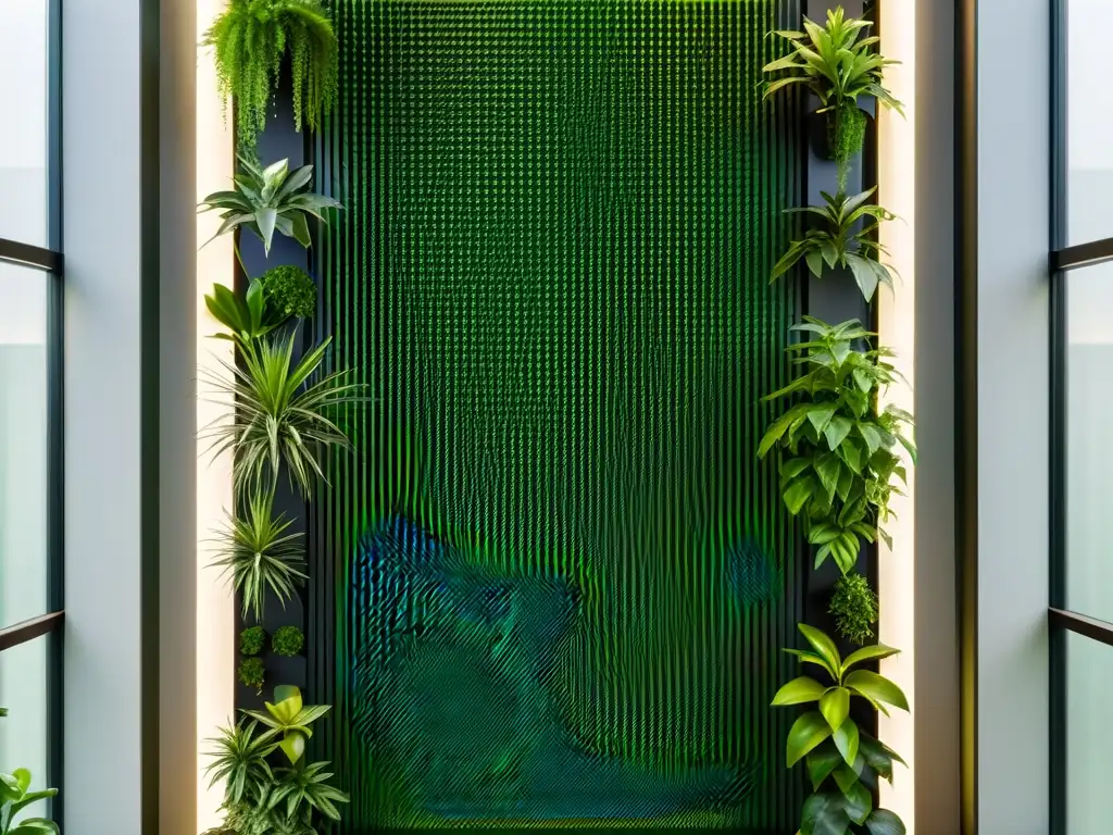 Vibrante jardín vertical de tendencias cuidado plantas interiores, con diseño moderno y exuberante vegetación en patrón geométrico