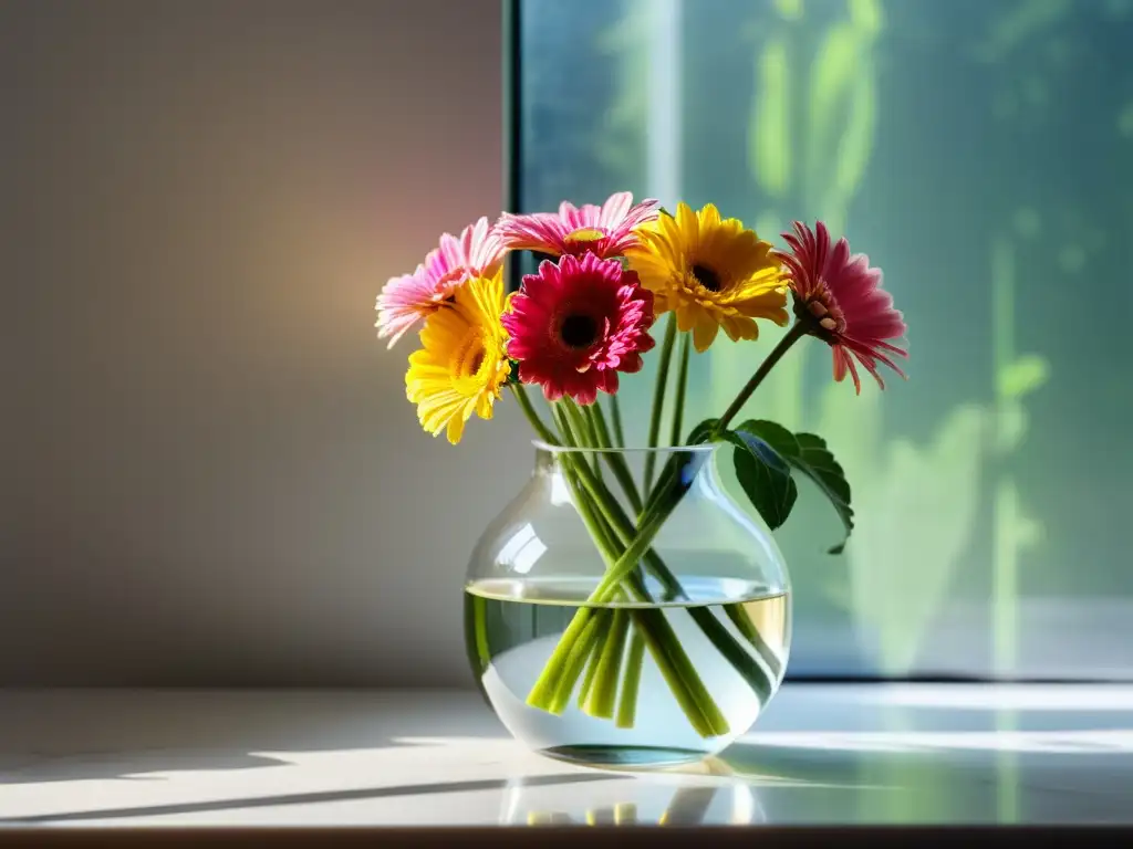 Vibrantes gerberas en un elegante jarrón de vidrio sobre mesa de mármol blanco