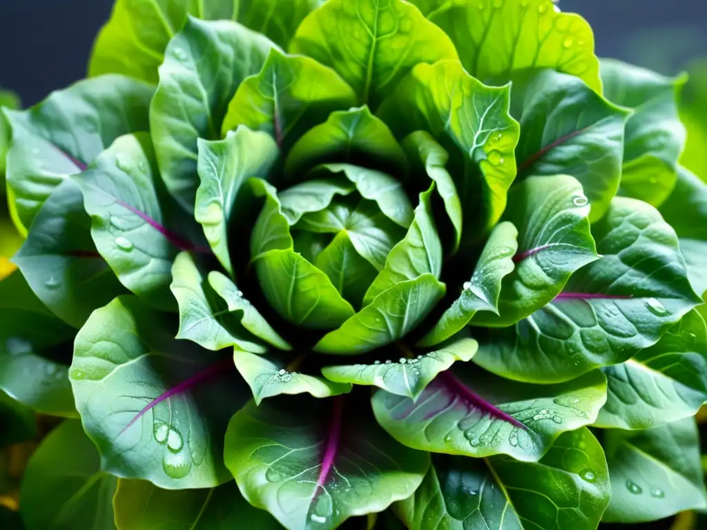 Vibrantes hojas de lechuga hidropónica con gotas de agua, red venosa detallada