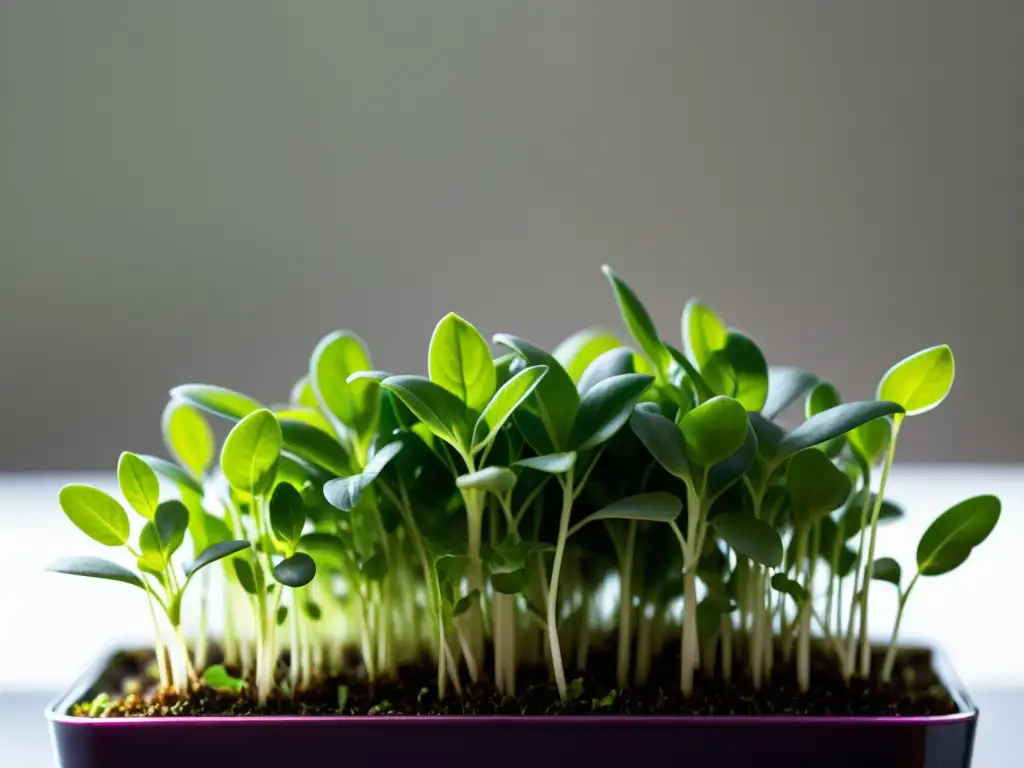 Microgreens vibrantes en elegante plantera interior Vibrantes microgreens en cultivo interior, iluminados por luz natural en moderna maceta blanca