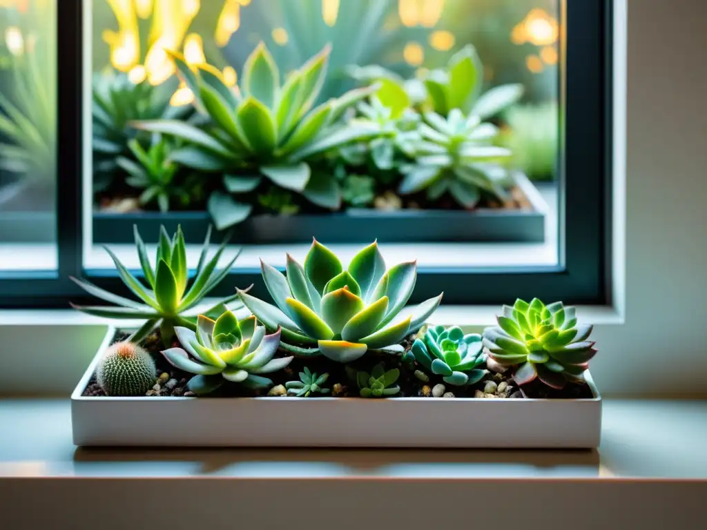 Un jardín de suculentas vibrantes en un alféizar moderno, bañado por la luz solar