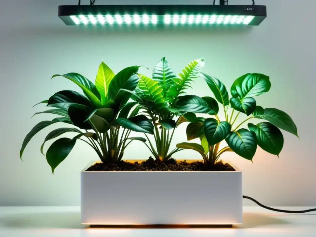 Vibrantes plantas de interior iluminadas por elegantes luces LED, creando un ambiente sereno y acogedor