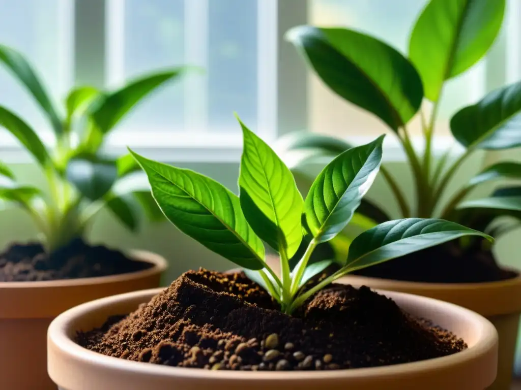 Vibrantes plantas de interior en posos de café, con hojas saludables y brillantes