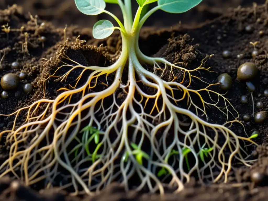 Vibrantes raíces de plantas en suelo fértil, con hongos beneficiosos y gotas de agua brillante