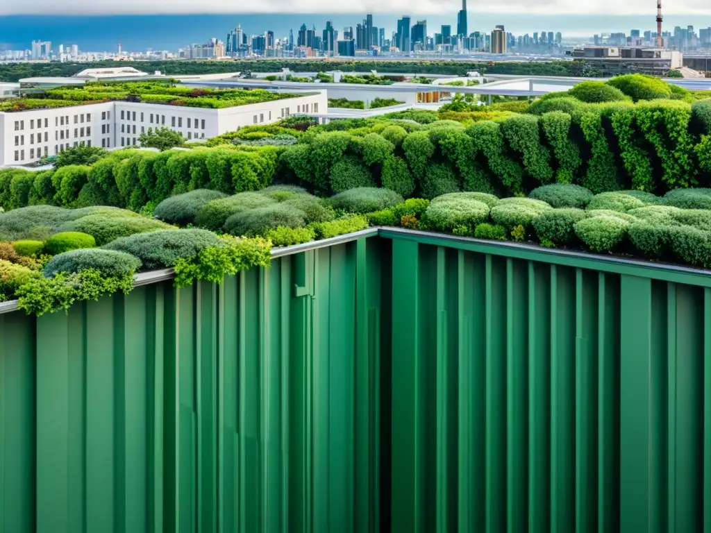 Vista aérea de la ciudad con techos verdes para gestión pluvial, creando un oasis natural en el paisaje urbano