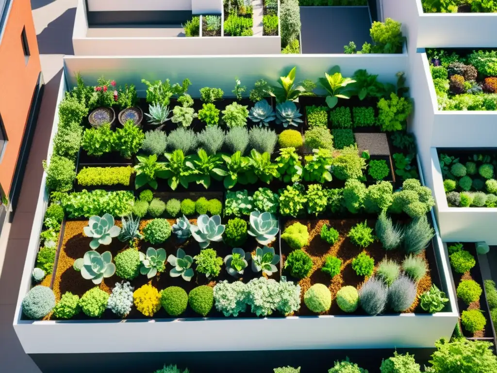 Vista aérea de la ciudad con jardines en los tejados, transformando tejados en oasis verdes